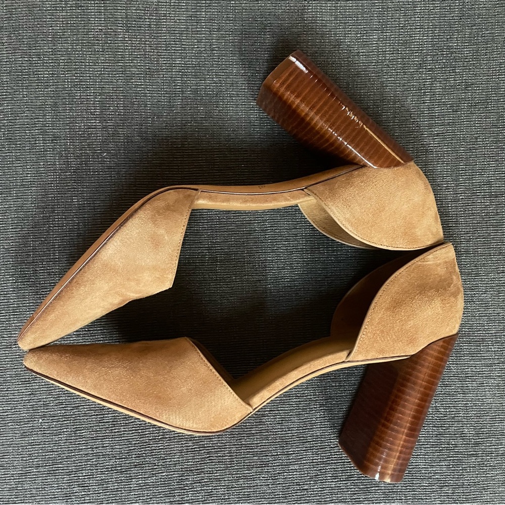 Vince Tan Suede Pumps with wooden chunky heel